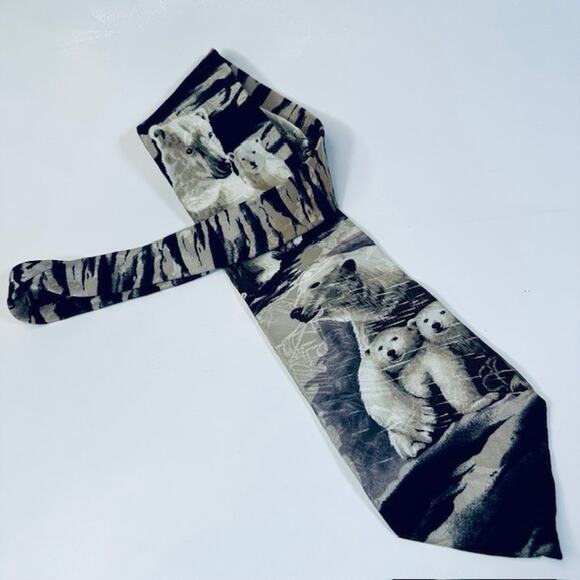 Endangered Species Men's Neck Tie Artic Polar Bears, Blk/White/Blu 100% Silk USA - Picture 11 of 14